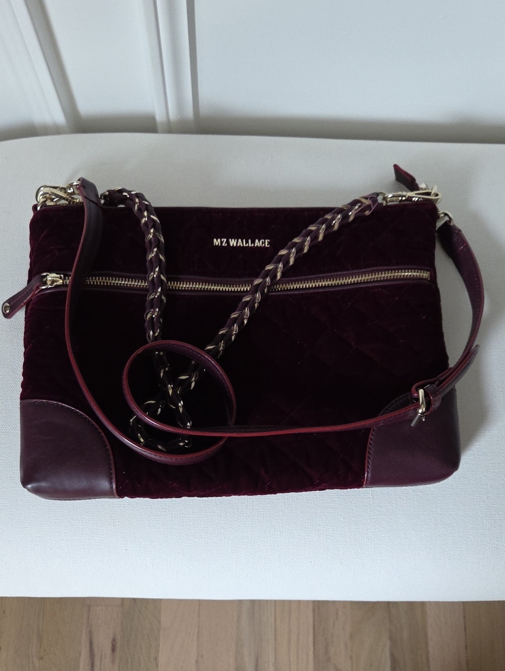 MZ Wallace Quilted Velvet Crossbody Bag in Burgundy with Gold Hardware